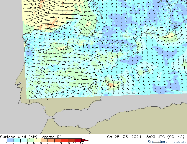 Rüzgar 10 m (bft) Arome 01 Cts 25.05.2024 18 UTC