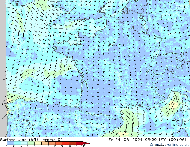 Surface wind (bft) Arome 01 Fr 24.05.2024 06 UTC