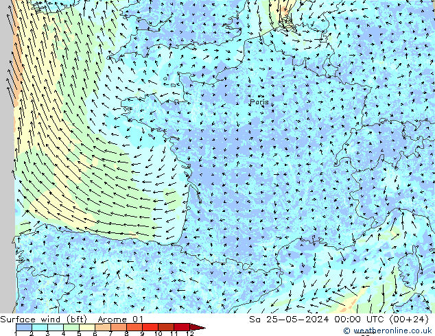 Bodenwind (bft) Arome 01 Sa 25.05.2024 00 UTC