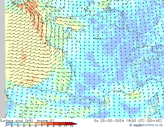 Wind 10 m (bft) Arome 01 za 25.05.2024 18 UTC