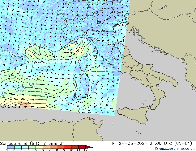 Vento 10 m (bft) Arome 01 ven 24.05.2024 01 UTC