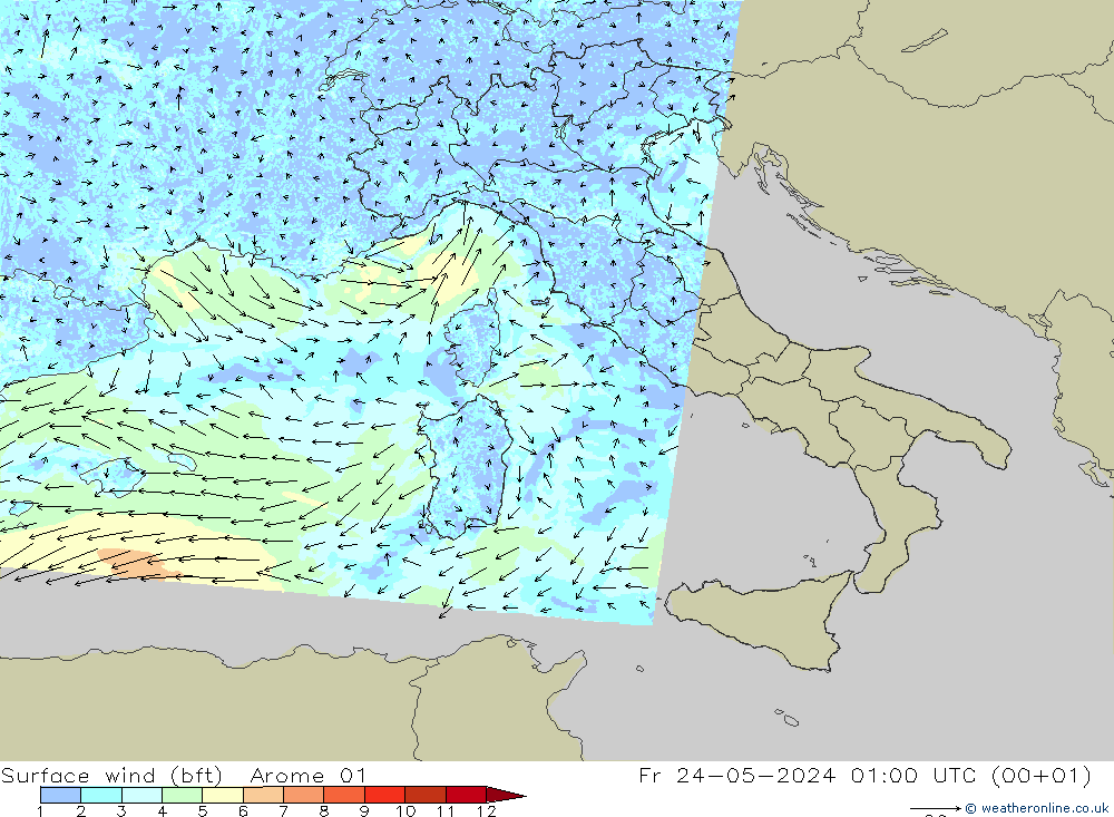 Rüzgar 10 m (bft) Arome 01 Cu 24.05.2024 01 UTC