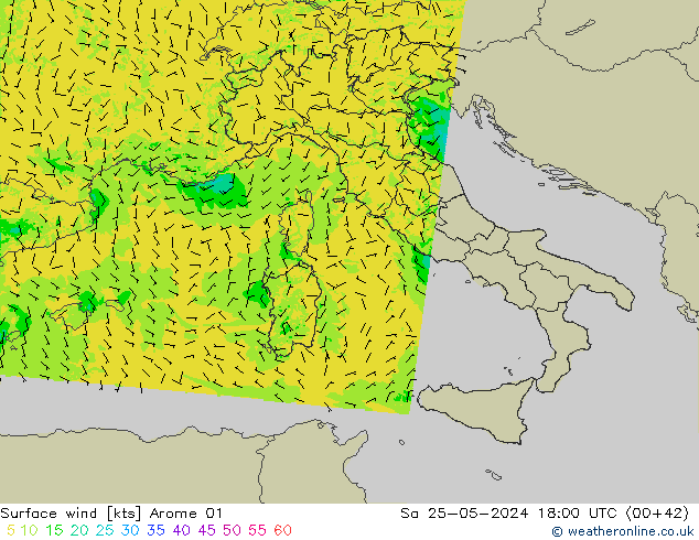 Rüzgar 10 m Arome 01 Cts 25.05.2024 18 UTC