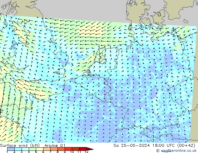 Vento 10 m (bft) Arome 01 sab 25.05.2024 18 UTC