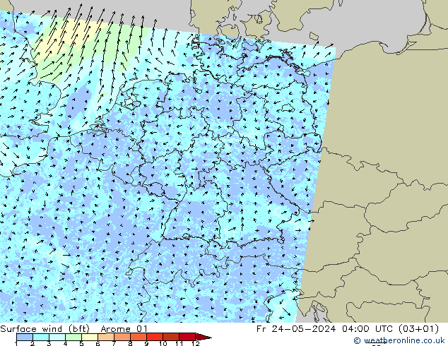 wiatr 10 m (bft) Arome 01 pt. 24.05.2024 04 UTC