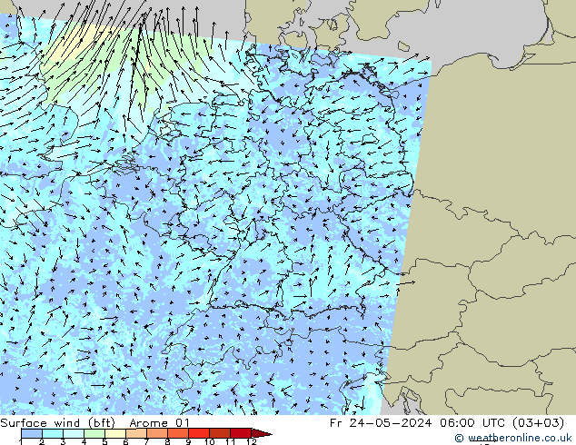 Vento 10 m (bft) Arome 01 ven 24.05.2024 06 UTC