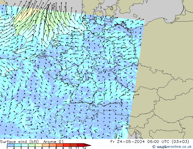 Rüzgar 10 m (bft) Arome 01 Cu 24.05.2024 06 UTC