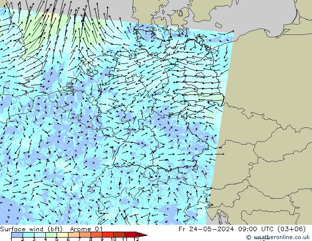 Wind 10 m (bft) Arome 01 vr 24.05.2024 09 UTC