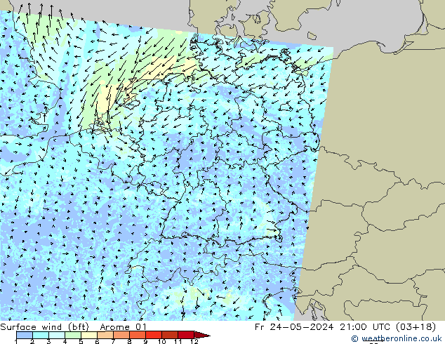 wiatr 10 m (bft) Arome 01 pt. 24.05.2024 21 UTC