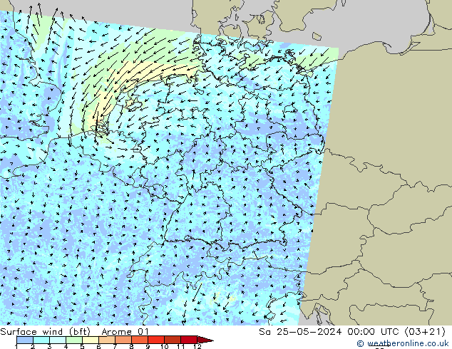 Vento 10 m (bft) Arome 01 Sáb 25.05.2024 00 UTC