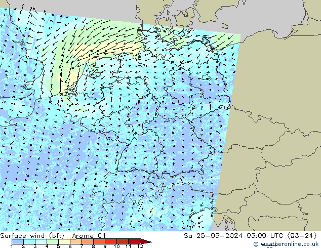 Vento 10 m (bft) Arome 01 Sáb 25.05.2024 03 UTC