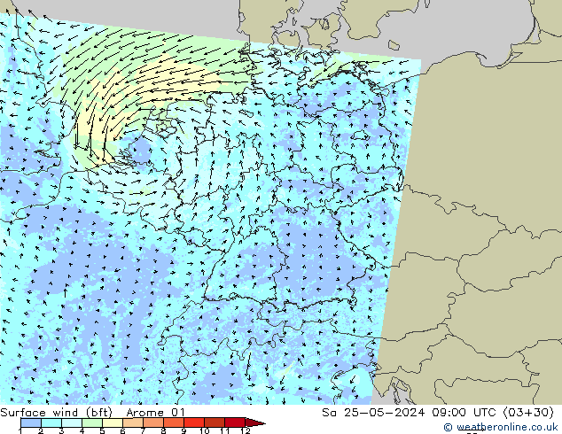 Rüzgar 10 m (bft) Arome 01 Cts 25.05.2024 09 UTC