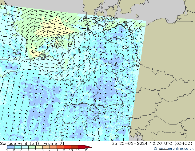 Wind 10 m (bft) Arome 01 za 25.05.2024 12 UTC