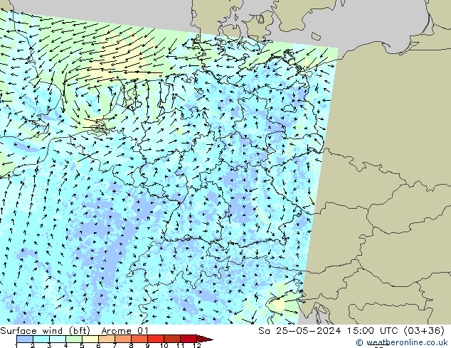 Vento 10 m (bft) Arome 01 sab 25.05.2024 15 UTC