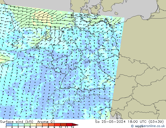 Wind 10 m (bft) Arome 01 za 25.05.2024 18 UTC