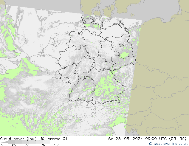 Cloud cover (low) Arome 01 Sa 25.05.2024 09 UTC