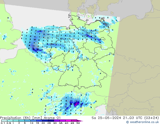 Precipitação (6h) Arome 01 Sáb 25.05.2024 03 UTC