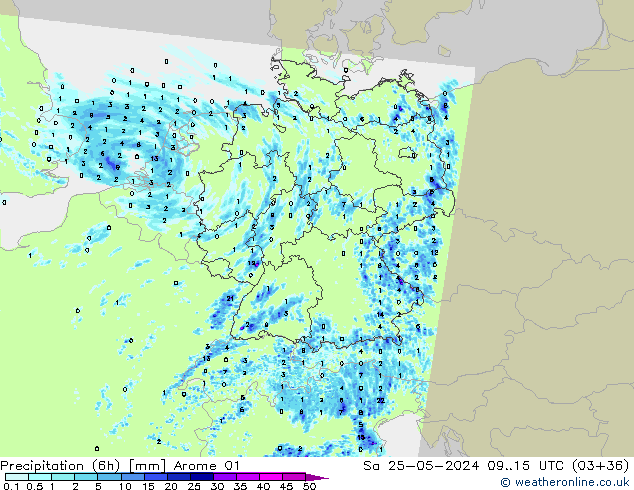 Precipitation (6h) Arome 01 So 25.05.2024 15 UTC