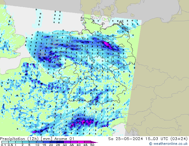 降水量 (12h) Arome 01 星期六 25.05.2024 03 UTC