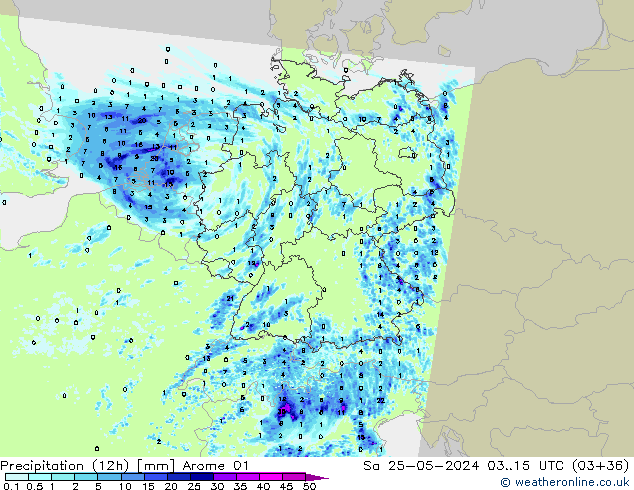 Precipitación (12h) Arome 01 sáb 25.05.2024 15 UTC