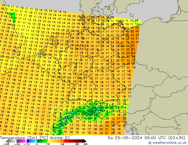 Temperature (2m) Arome 01 Sa 25.05.2024 09 UTC