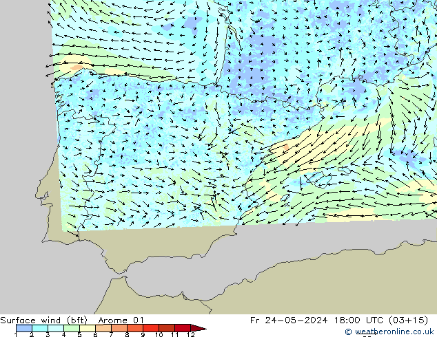 Surface wind (bft) Arome 01 Fr 24.05.2024 18 UTC