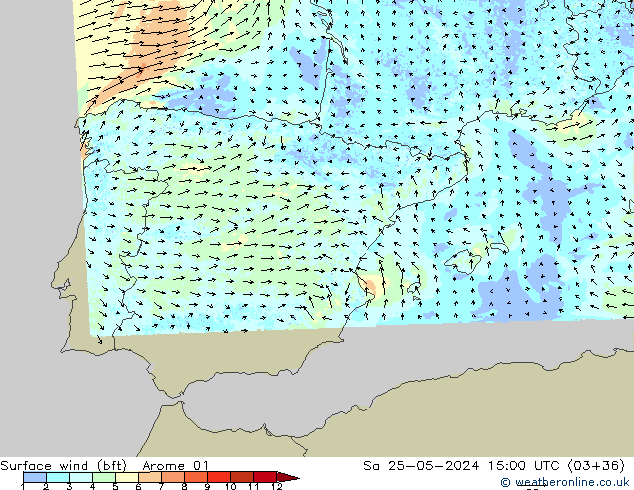 Rüzgar 10 m (bft) Arome 01 Cts 25.05.2024 15 UTC