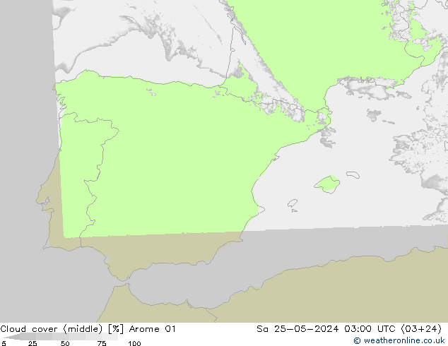 Cloud cover (middle) Arome 01 Sa 25.05.2024 03 UTC