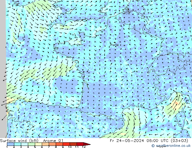 Surface wind (bft) Arome 01 Pá 24.05.2024 06 UTC