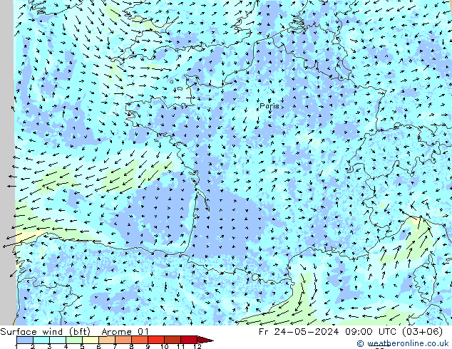 Surface wind (bft) Arome 01 Fr 24.05.2024 09 UTC