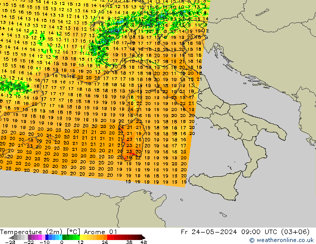 Temperatuurkaart (2m) Arome 01 vr 24.05.2024 09 UTC