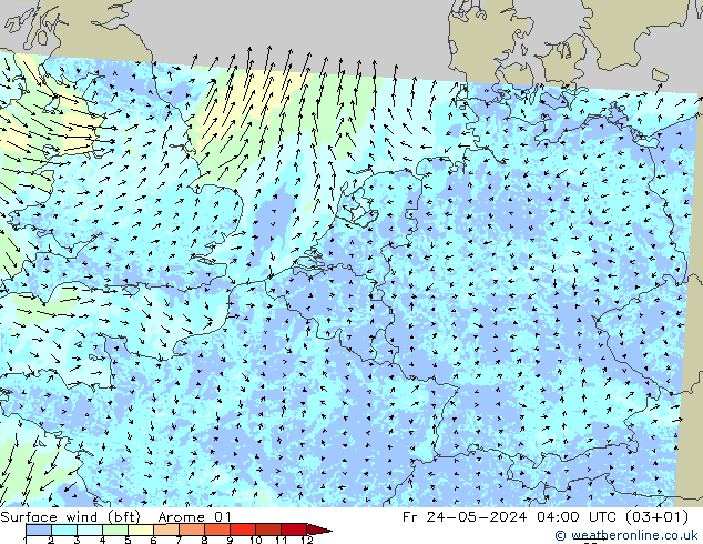 Surface wind (bft) Arome 01 Fr 24.05.2024 04 UTC