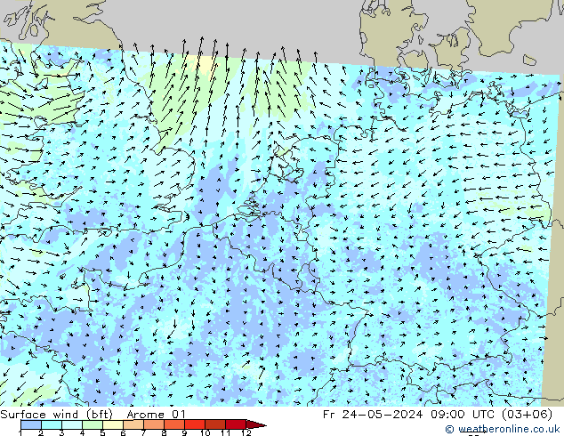 Surface wind (bft) Arome 01 Fr 24.05.2024 09 UTC