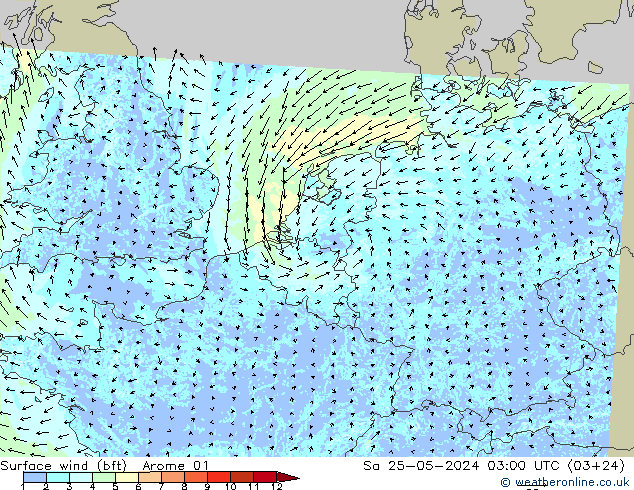 Bodenwind (bft) Arome 01 Sa 25.05.2024 03 UTC