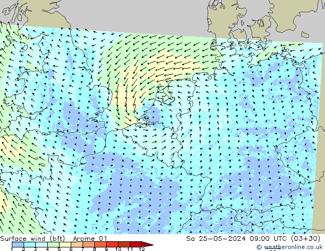 Rüzgar 10 m (bft) Arome 01 Cts 25.05.2024 09 UTC