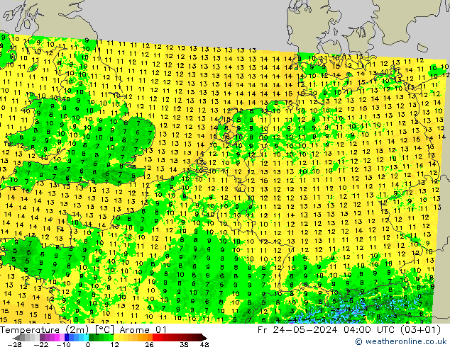 Temperatura (2m) Arome 01 Sex 24.05.2024 04 UTC