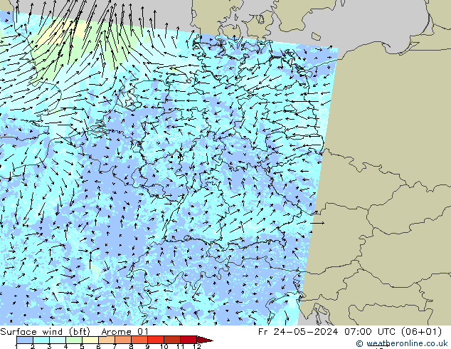 Wind 10 m (bft) Arome 01 vr 24.05.2024 07 UTC