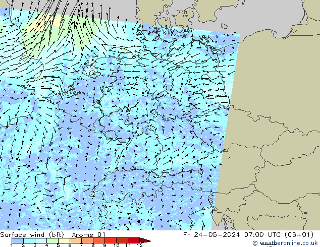 Vento 10 m (bft) Arome 01 Sex 24.05.2024 07 UTC