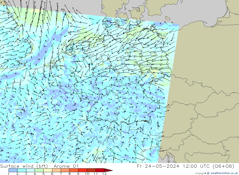 Bodenwind (bft) Arome 01 Fr 24.05.2024 12 UTC