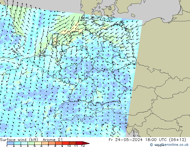 Vento 10 m (bft) Arome 01 Sex 24.05.2024 18 UTC