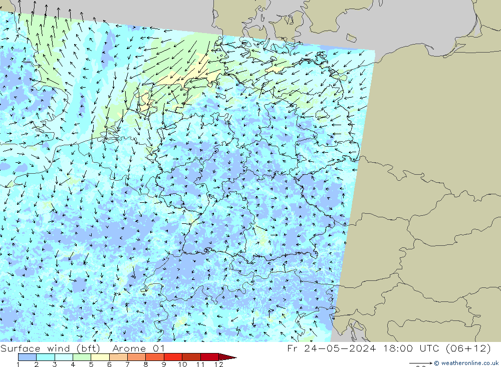 Rüzgar 10 m (bft) Arome 01 Cu 24.05.2024 18 UTC