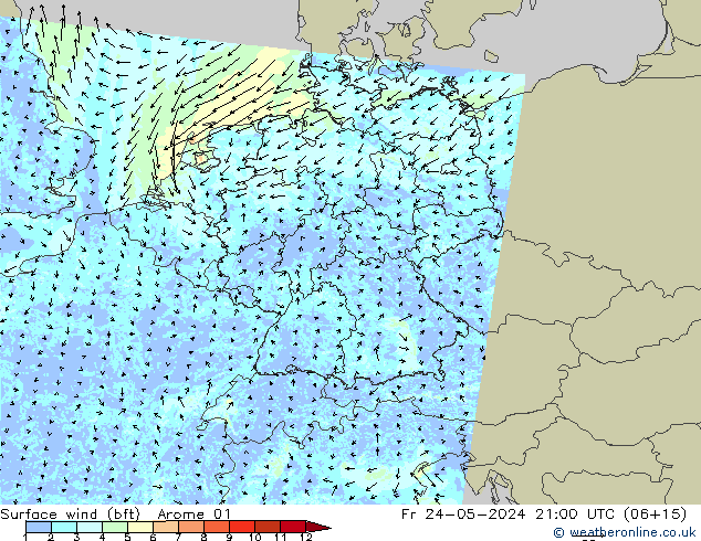 Surface wind (bft) Arome 01 Fr 24.05.2024 21 UTC