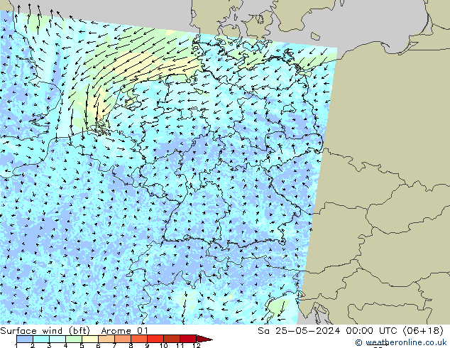 Wind 10 m (bft) Arome 01 za 25.05.2024 00 UTC