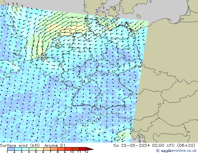 Bodenwind (bft) Arome 01 Sa 25.05.2024 02 UTC