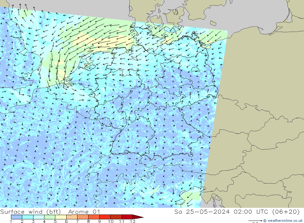 Surface wind (bft) Arome 01 Sa 25.05.2024 02 UTC