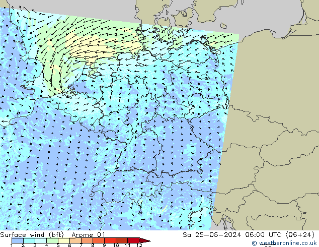 Wind 10 m (bft) Arome 01 za 25.05.2024 06 UTC