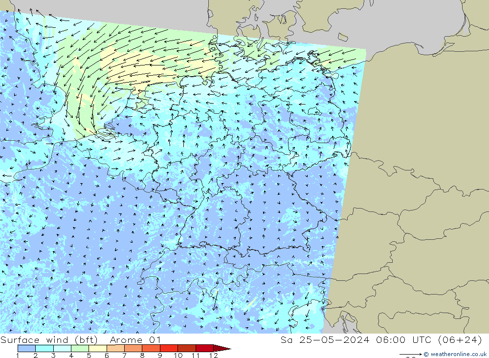 Rüzgar 10 m (bft) Arome 01 Cts 25.05.2024 06 UTC