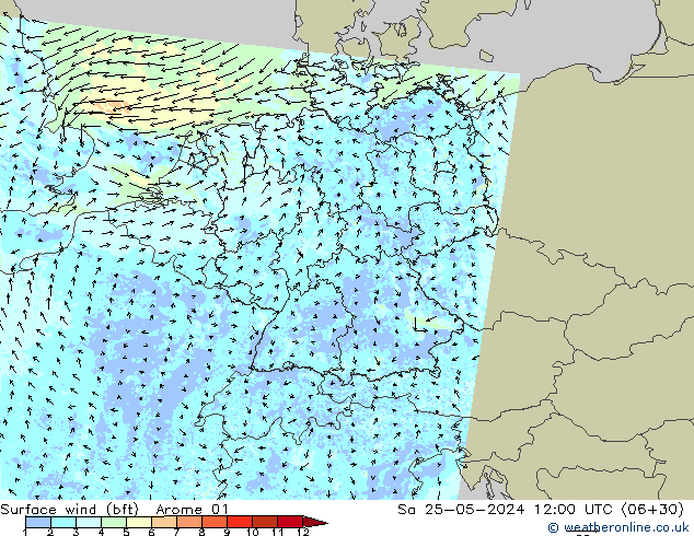 Vento 10 m (bft) Arome 01 sab 25.05.2024 12 UTC