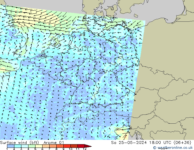 Vento 10 m (bft) Arome 01 sab 25.05.2024 18 UTC