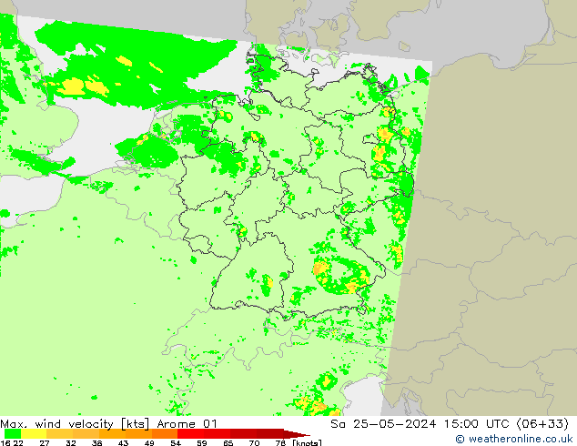 Max. wind velocity Arome 01 Sa 25.05.2024 15 UTC